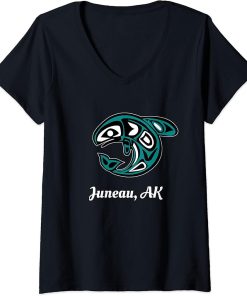 Womens Juneau Alaska Native American Tribal Orca Killer Whale V-Neck T-Shirt