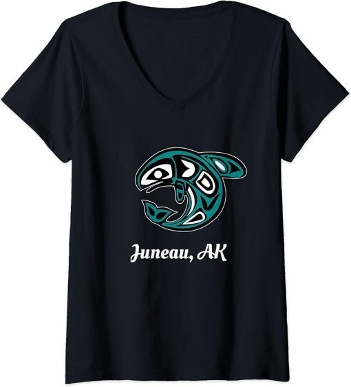 Womens Juneau Alaska Native American Tribal Orca Killer Whale V-Neck T-Shirt