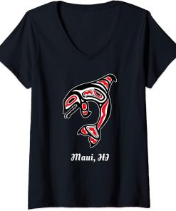 Womens Native Maui Hawaii Red Orca Killer Whale V-Neck T-Shirt