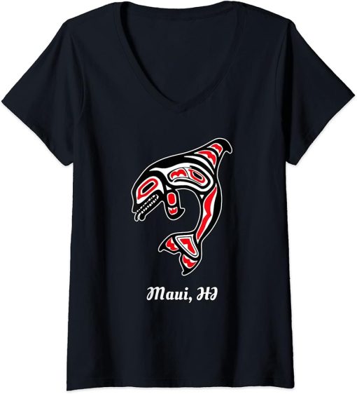 Womens Native Maui Hawaii Red Orca Killer Whale V-Neck T-Shirt