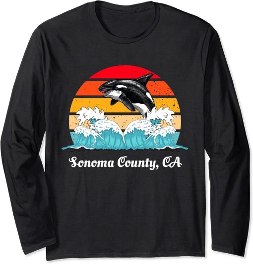 Vintage Sonoma County CA Distressed Orca Killer Whale Art Long Sleeve T-Shirt