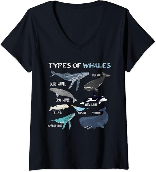 Womens Types Of Whales - Orca Narwhal V-Neck T-Shirt